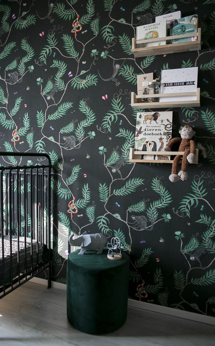 De babykamer vol jungle behang van Amanda